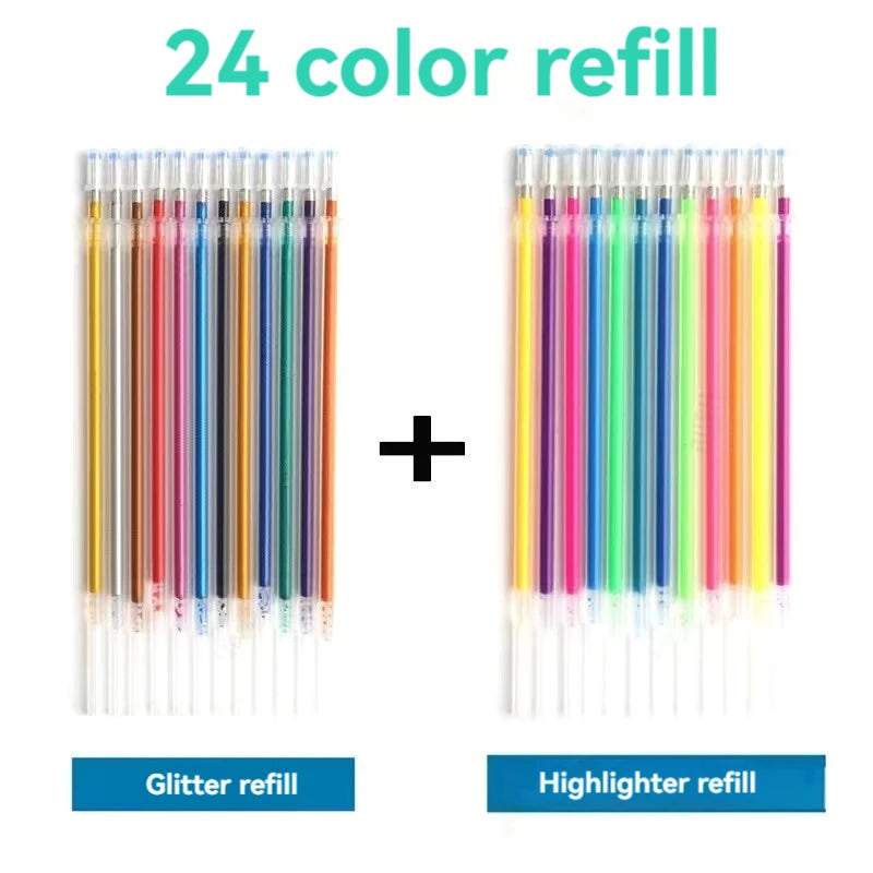 100/12 Colors Gel Pen Refills Glitter Metallic Pastel Fluorescence Neon Pen Ink Refills for Adult Coloring Books Scrapbooking