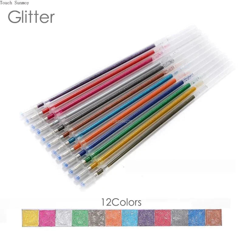 100/12 Colors Gel Pen Refills Glitter Metallic Pastel Fluorescence Neon Pen Ink Refills for Adult Coloring Books Scrapbooking
